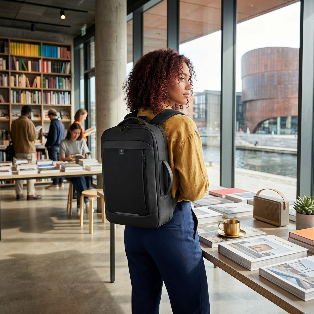 Une femme portant un sac noir dans une bibliothèque Image